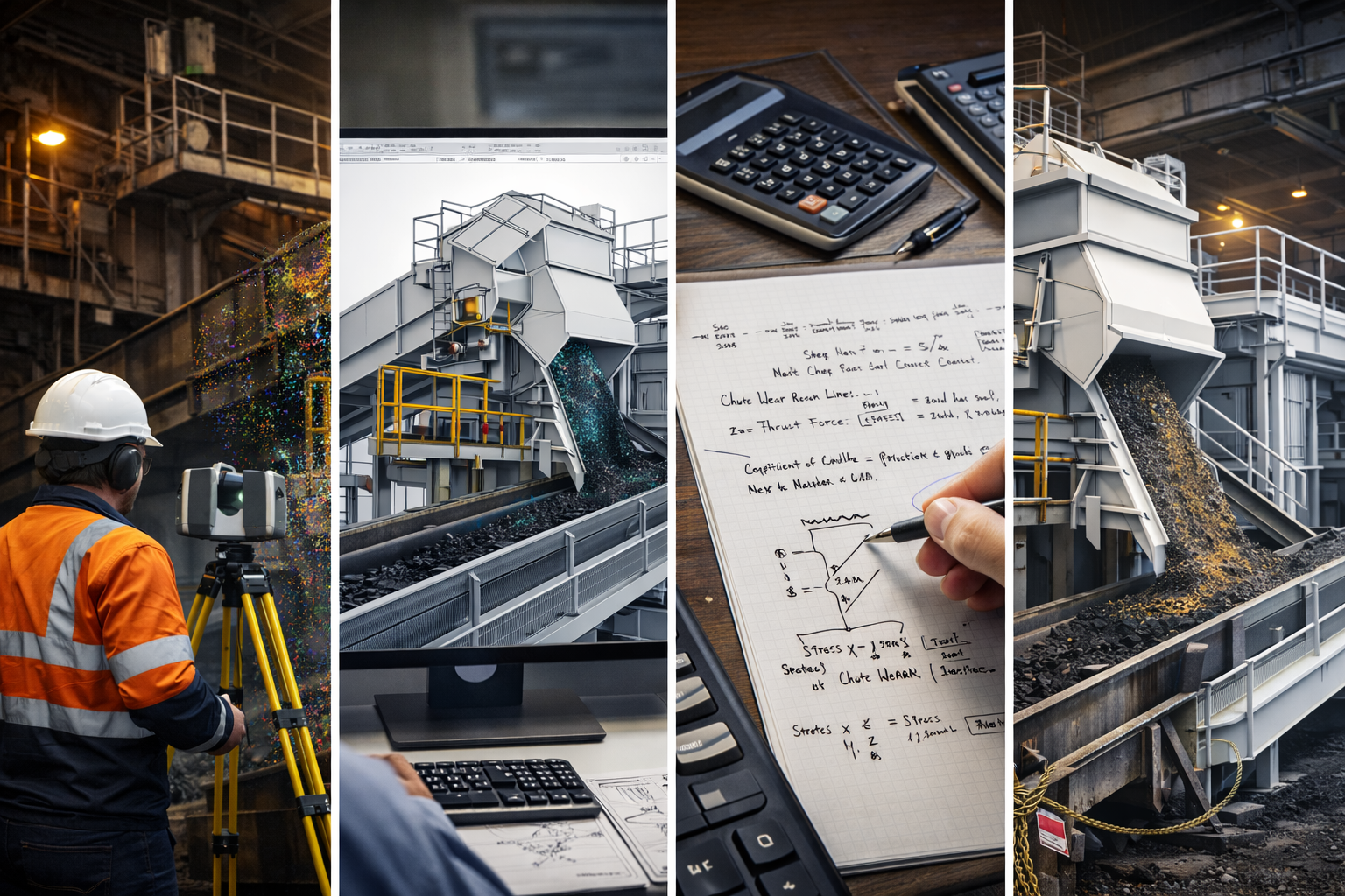 Mining conveyor engineering workflow showing laser scanning, 3D modelling, engineering calculations and installation of a transfer chute.
