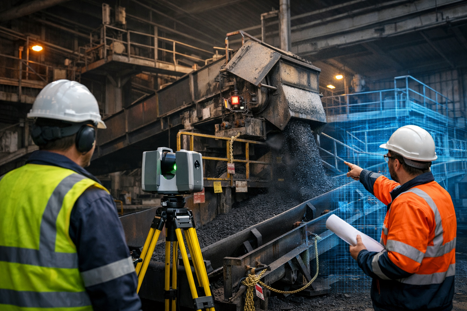 Coal plant shutdown engineering using a 3D laser scanner to capture conveyor and transfer chute infrastructure.