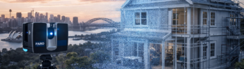 Point cloud to CAD Sydney showing laser scanning of a house with Sydney Harbour Bridge and Opera House in background