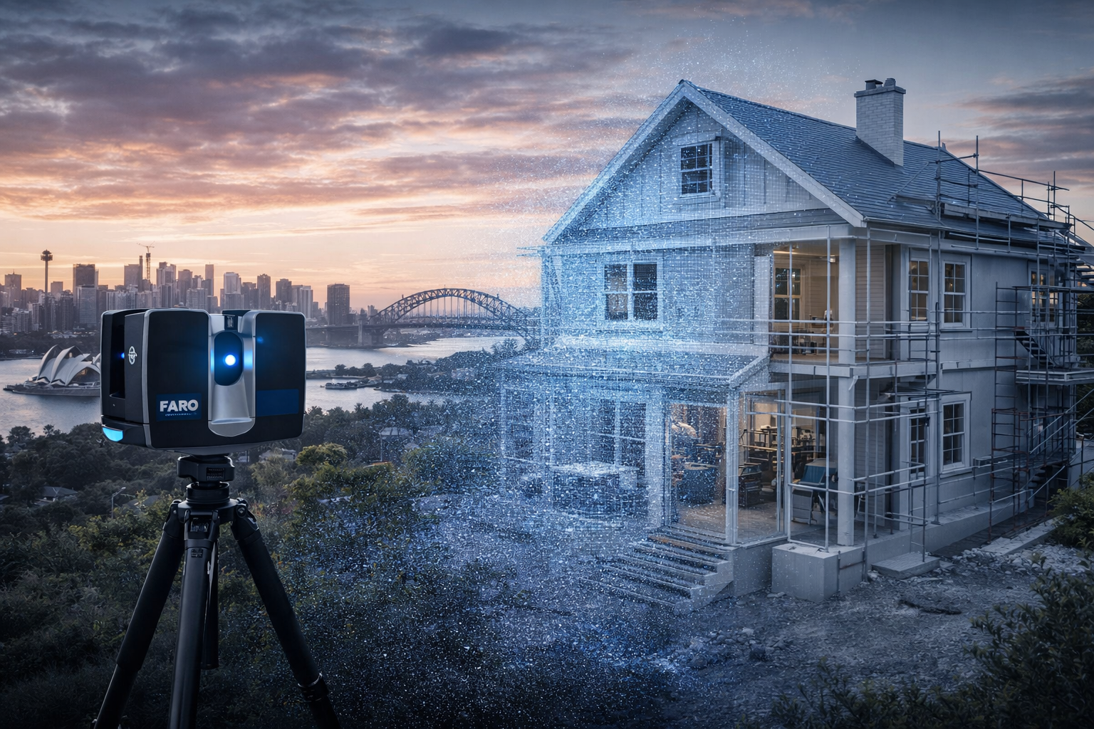 Point cloud to CAD Sydney showing laser scanning of a house with Sydney Harbour Bridge and Opera House in background