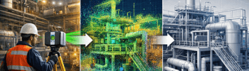 Engineering workflow showing industrial laser scanning, point cloud data, and a CAD model used for plant upgrade design.