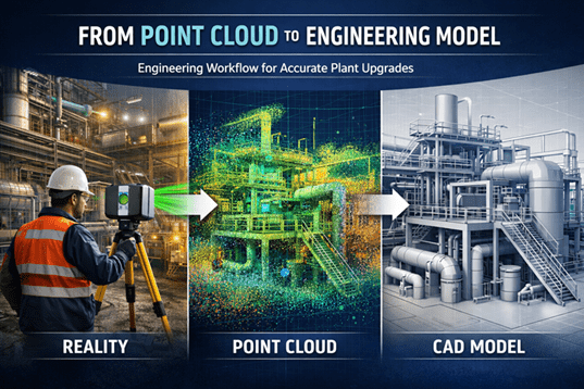 Engineering workflow showing industrial laser scanning, point cloud data, and a CAD model used for plant upgrade design.