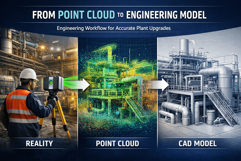 Engineer using a laser scanner capturing an industrial facility, converting scan data into a point cloud and engineering CAD model.