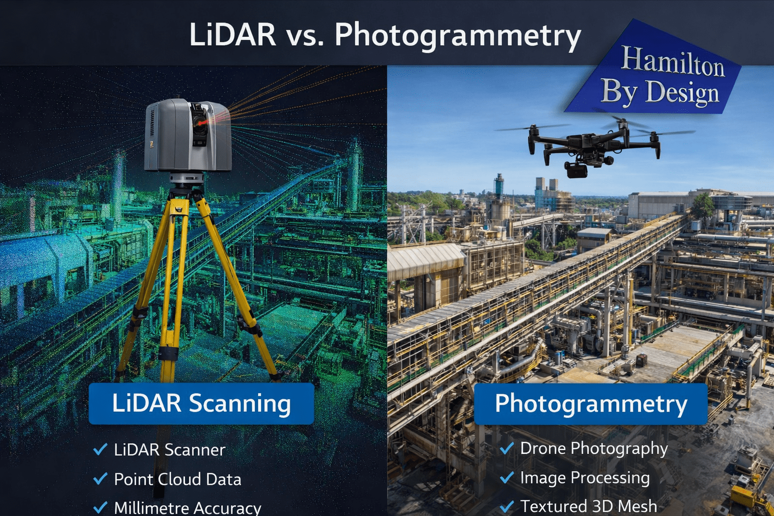 Engineering comparison of LiDAR scanning and photogrammetry used for capturing industrial plants and infrastructure.