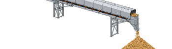 3D CAD model of a conveyor transfer chute with a feed conveyor at 90 degrees stacking ore into a conical stockpile