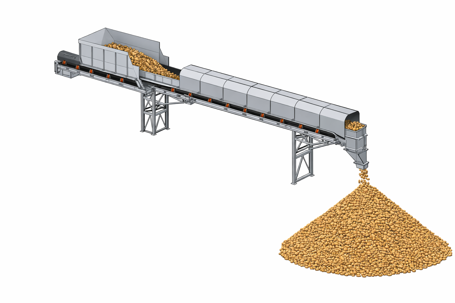 3D CAD model of a conveyor transfer chute with a feed conveyor at 90 degrees stacking ore into a conical stockpile