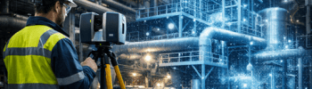 Engineer using a 3D laser scanner to capture existing conditions inside an industrial processing plant before engineering upgrades.