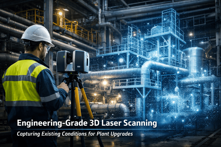 Industrial plant being captured with engineering 3D laser scanning technology showing point cloud data of pipes and structures.