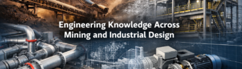 Mining and industrial engineering design montage showing conveyors, pipework systems, structural steel platforms and a mechanical assembly CAD model.