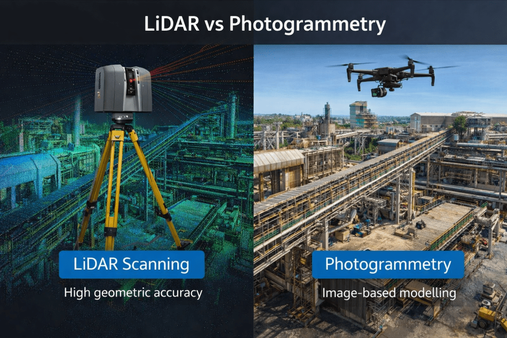 Comparison between LiDAR scanning and photogrammetry capturing an industrial engineering facility for 3D modelling.