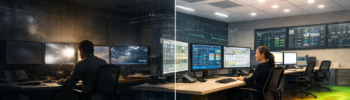 Workplace lighting design comparison showing poorly lit control room versus optimised lighting with AGi32 simulation