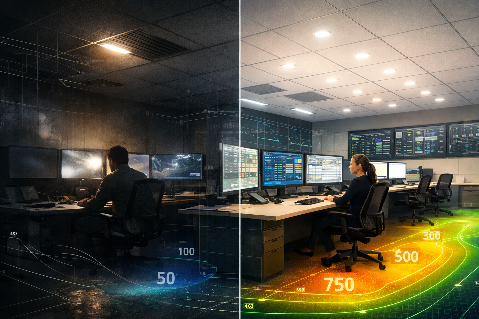 Workplace lighting design comparison showing poorly lit control room versus optimised lighting with AGi32 simulation
