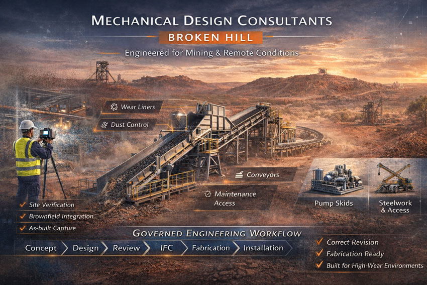 Broken Hill mining mechanical engineering visual with site verification, conveyors, pump skids and steelwork design.