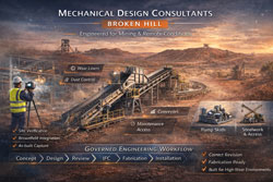 Mechanical Design Consultants Broken Hill banner featuring mining conveyor system, chute transfers and governed engineering workflow.