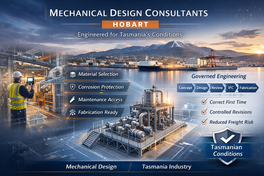 Tasmanian mechanical design services with 3D scanning verification and marine industrial backdrop in Hobart.