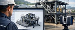 Mechanical engineer reviewing 3D CAD model beside industrial steel platform and 3D laser scanner on the Central Coast NSW
