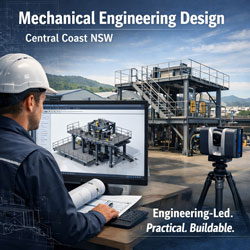 Mechanical engineer reviewing 3D CAD model beside industrial steel platform and 3D laser scanner on the Central Coast NSW