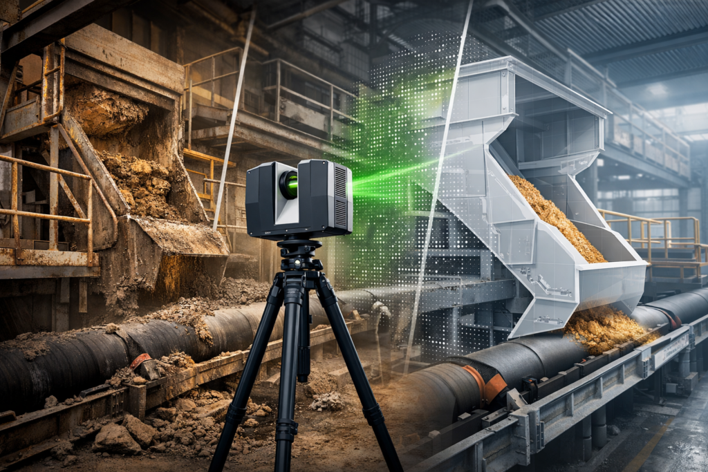 3D laser scanner capturing a blocked mining transfer chute with a digital redesign overlay above a conveyor.