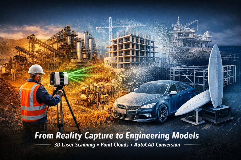 3D laser scanning engineer capturing mining plant, building, car and surfboard with LiDAR technology transforming real objects into point cloud and AutoCAD models.