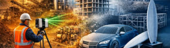 3D laser scanning engineer capturing mining plant, building, car and surfboard with LiDAR technology transforming real objects into point cloud and AutoCAD models.