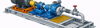 3D engineering model of a mining pump skid with motor, centrifugal pump, piping and structural skid frame