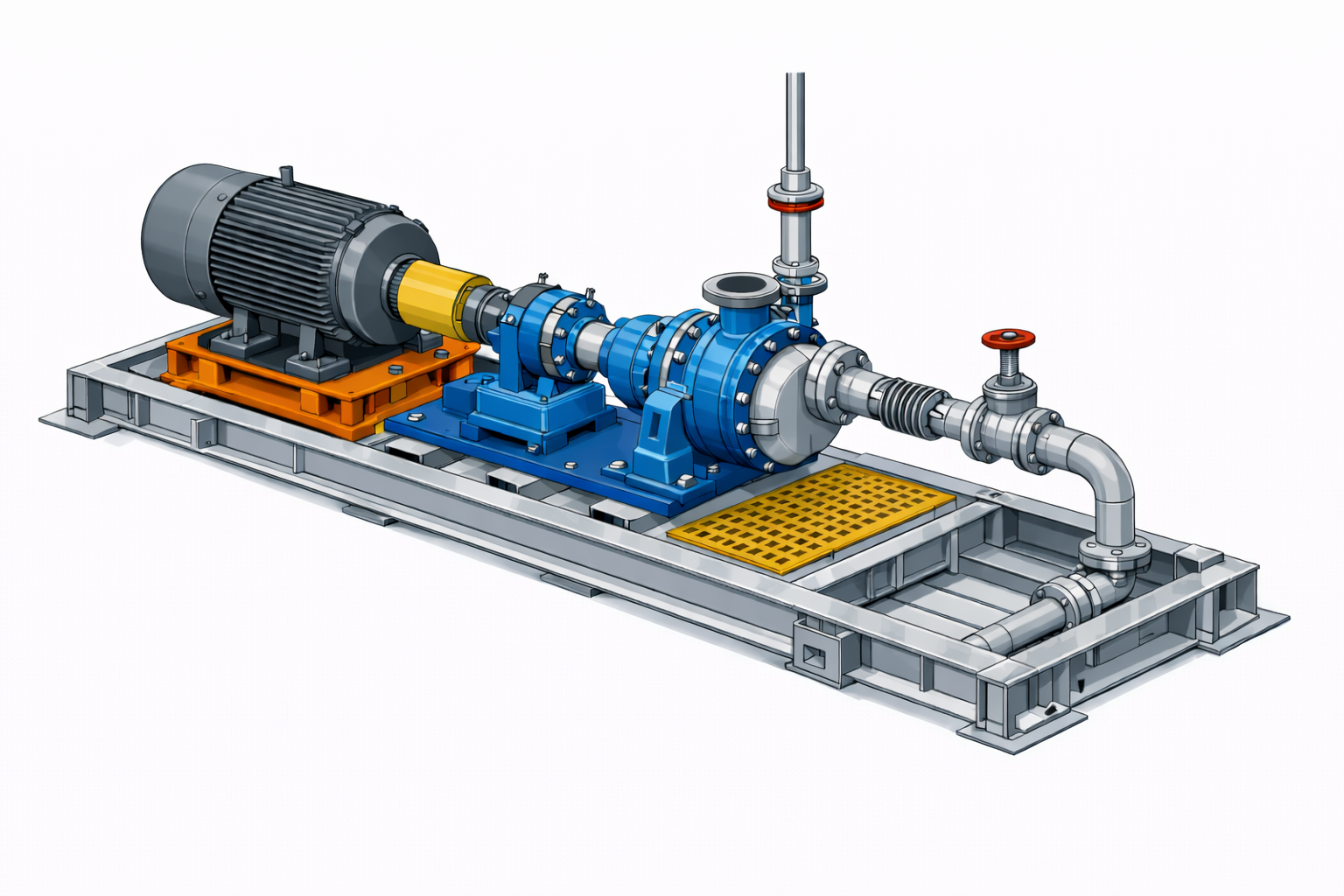 3D engineering model of a mining pump skid with motor, centrifugal pump, piping and structural skid frame