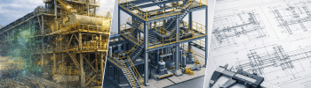 Structural drafting services workflow showing mining plant infrastructure, CAD structural steel model and fabrication drawings.