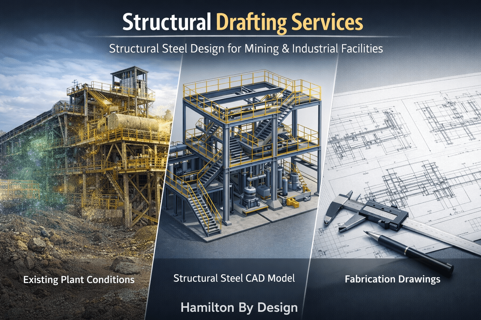 Structural drafting services workflow showing mining plant infrastructure, CAD structural steel model and fabrication drawings.