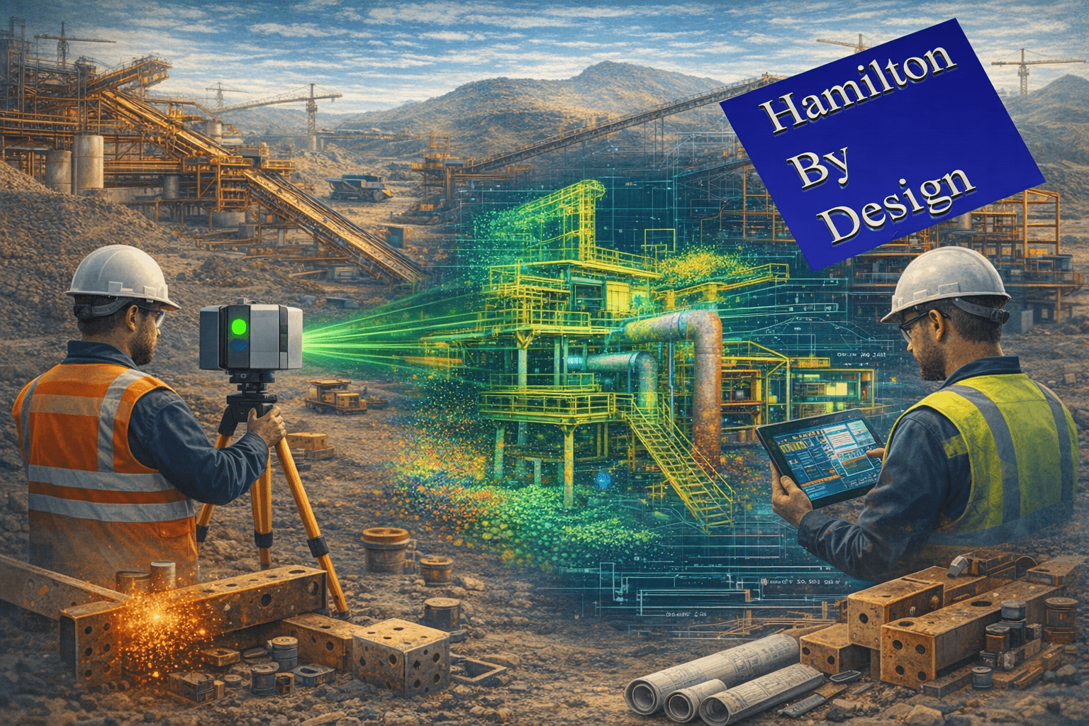 Engineers using 3D laser scanning and digital modeling to upgrade structural steel in a mining plant.