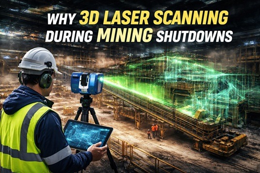 Engineer performing 3D laser scanning of a mining processing plant during a shutdown to capture accurate site conditions.