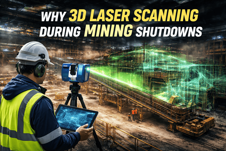 3D laser scanner capturing point cloud data across a mining facility during shutdown maintenance.