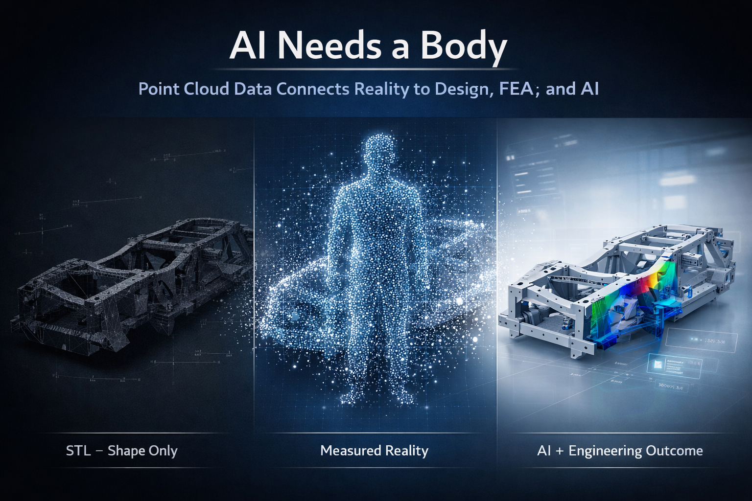 AI needs a body concept showing STL mesh, point cloud data, and CAD model with FEA for engineering workflow