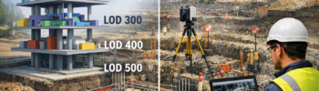 Split image comparing BIM model and 3D point cloud scanning on a construction site, showing LOD 100–500 design intent versus real-world measured foundation and reinforcement data