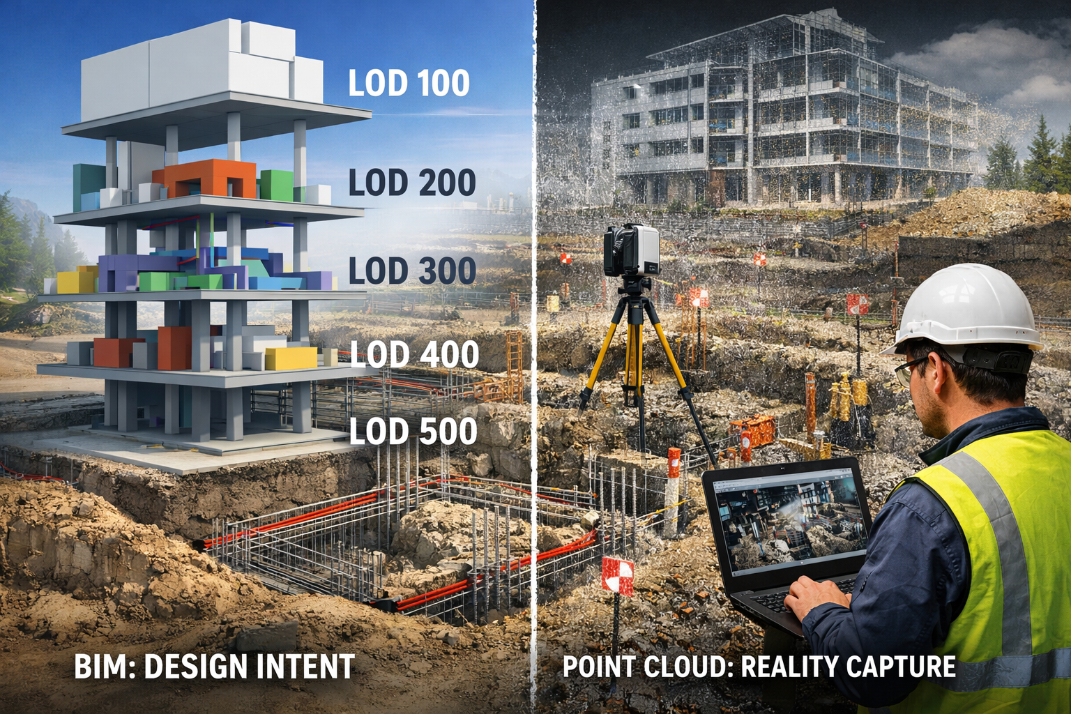Split image comparing BIM model and 3D point cloud scanning on a construction site, showing LOD 100–500 design intent versus real-world measured foundation and reinforcement data