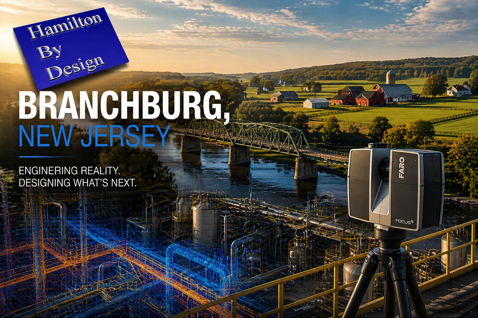 3D laser scanner overlooking Raritan River and farmland in Branchburg New Jersey with industrial plant point cloud overlay