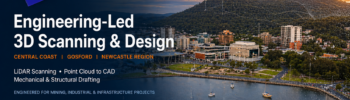 Engineering-led 3D scanning and mechanical design services in Gosford on the Central Coast NSW with LiDAR point cloud overlay on waterfront cityscape