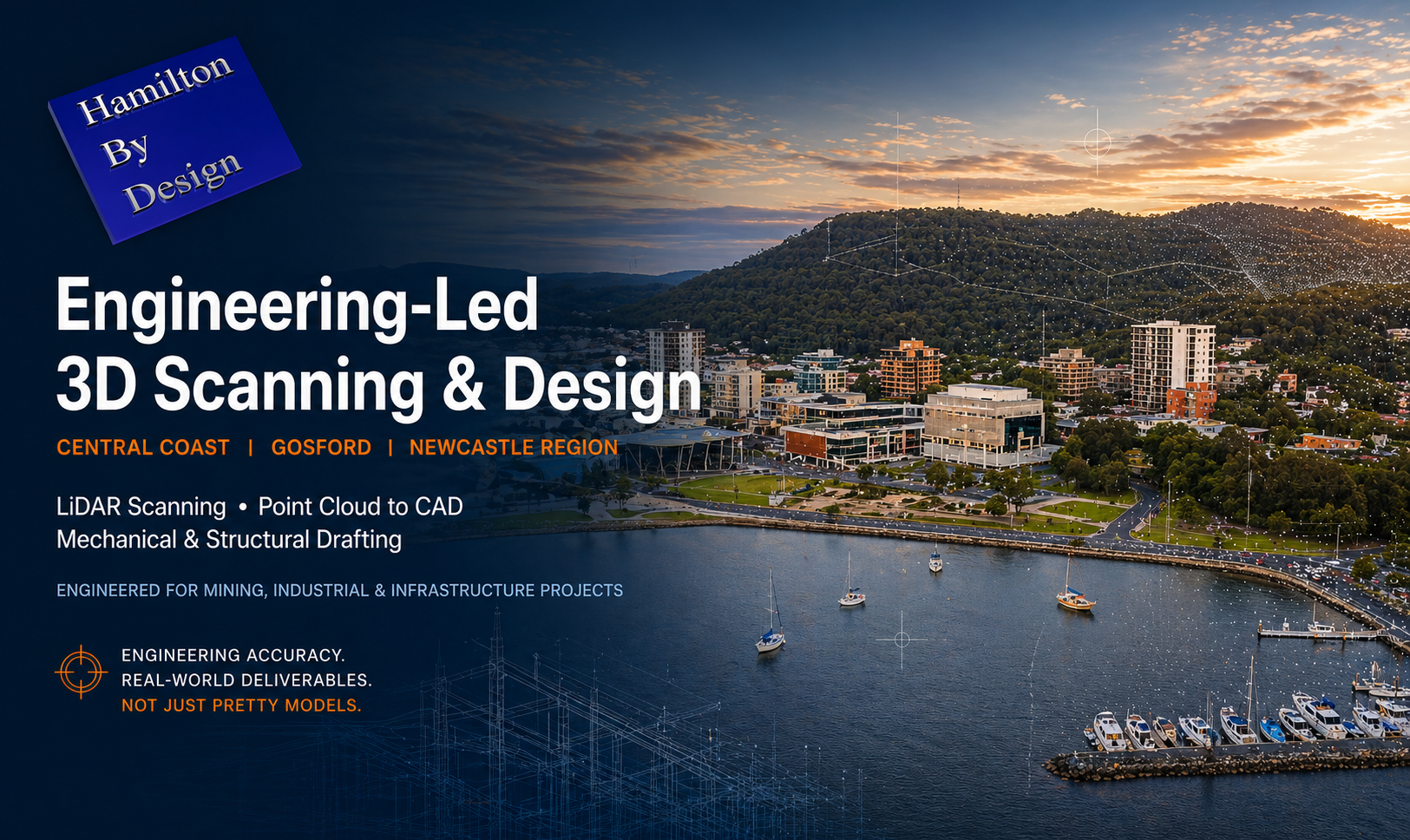 Engineering-led 3D scanning and mechanical design services in Gosford on the Central Coast NSW with LiDAR point cloud overlay on waterfront cityscape