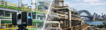 Engineering-grade 3D laser scanner capturing Sydney industrial plant with point cloud overlay transitioning into CAD model
