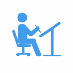 Structural engineering drafting icon showing a seated engineer working at a drafting table in blue vector style.