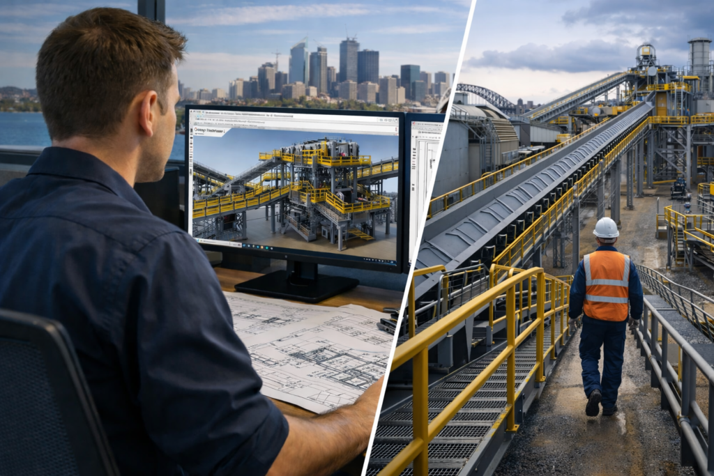 Industrial CAD drafting workflow Sydney showing 3D model and fabrication drawings linked to plant construction