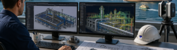 Engineer developing 3D CAD model from LiDAR point cloud data with Sydney Harbour in background