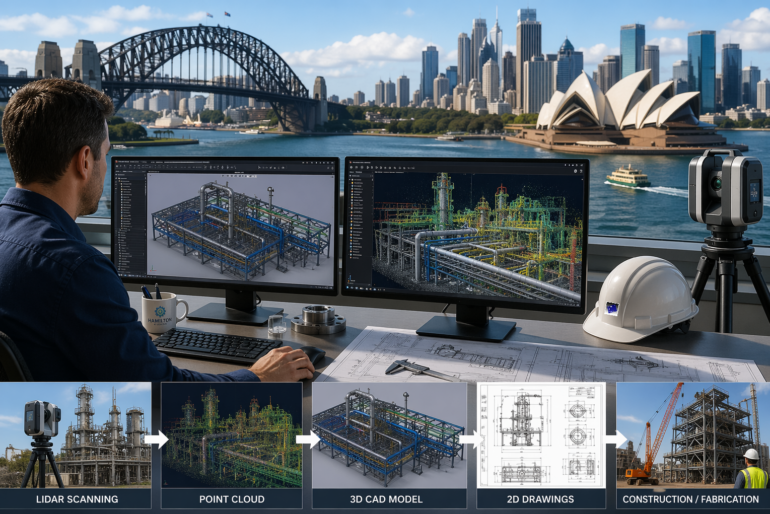 Engineer developing 3D CAD model from LiDAR point cloud data with Sydney Harbour in background