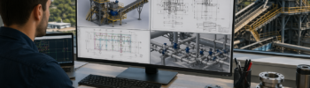Mechanical engineer reviewing CAD drafting drawings and 3D plant model in Sydney engineering office