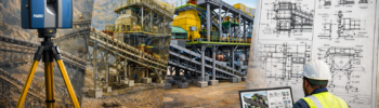 ARO laser scanning workflow showing point cloud processing, SOLIDWORKS modelling, and fabrication drawings for a mining and manufacturing plant