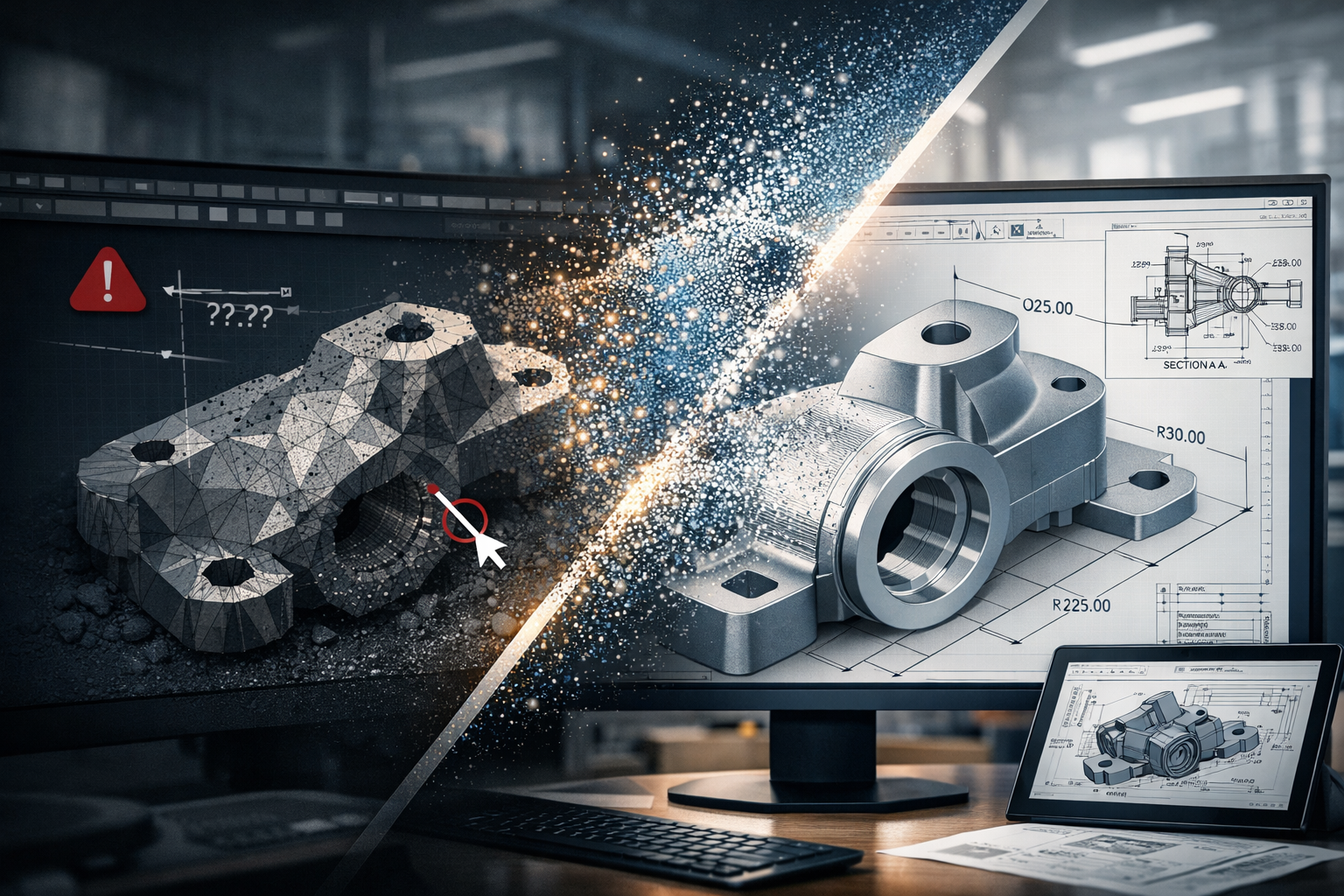 Point cloud to CAD workflow showing transition from STL mesh to engineering-ready parametric model with dimensions and drawings