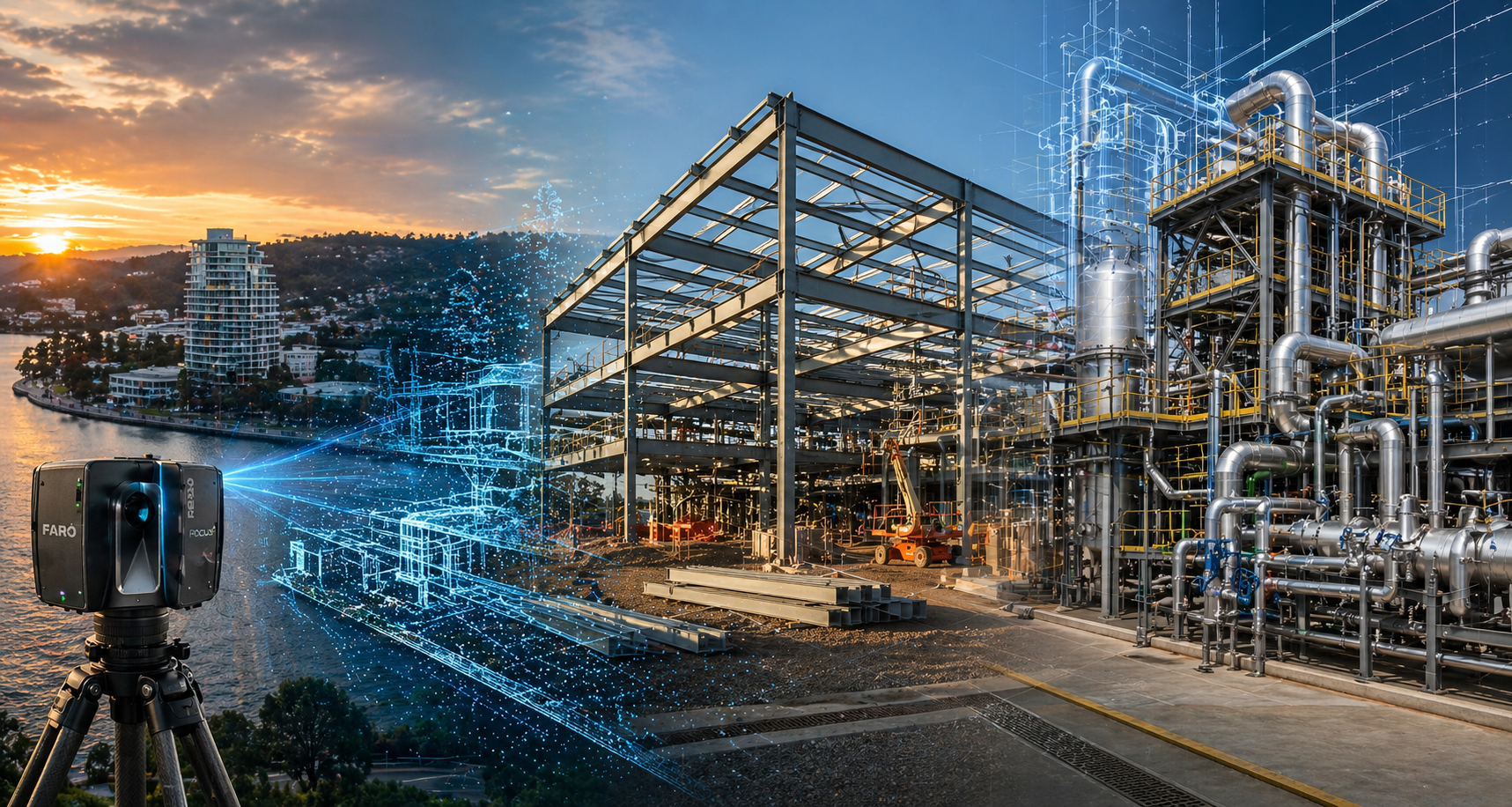 Engineering-led 3D laser scanning across the Central Coast showing LiDAR point cloud capture transitioning into steel frame construction and industrial mechanical design