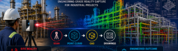 3D LiDAR scanning of a Malaysian industrial plant showing point cloud data converted into CAD models and engineering drawings