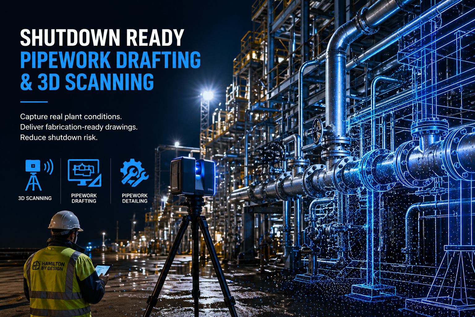 Night-time LiDAR scanning of industrial pipework during shutdown for pipework drafting and detailing