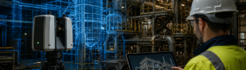 LiDAR scanner capturing an operating industrial plant for brownfield industrial upgrade engineering and CAD modelling