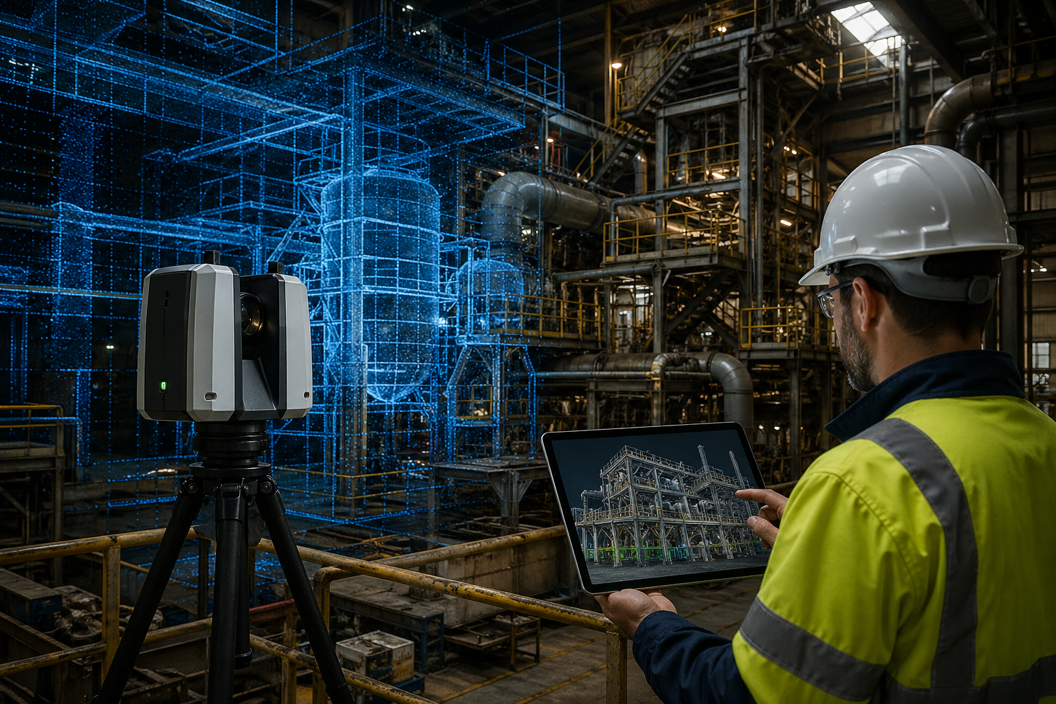 LiDAR scanner capturing an operating industrial plant for brownfield industrial upgrade engineering and CAD modelling